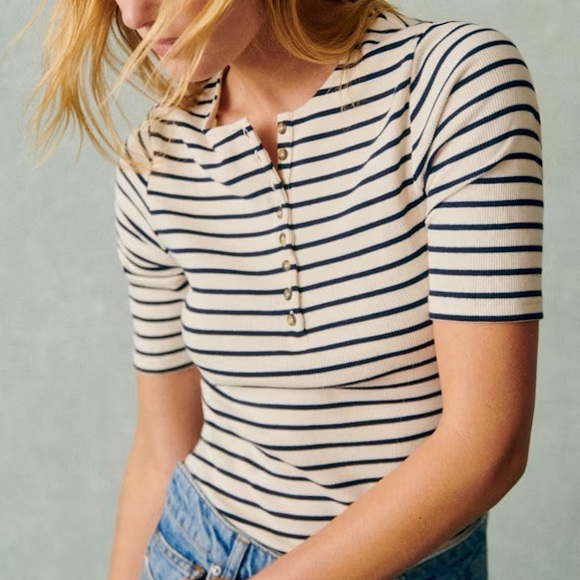 Sezane sz S Theodora T Shirt Top Henley Striped Short Sleeves Ecru Navy - Picture 2 of 6